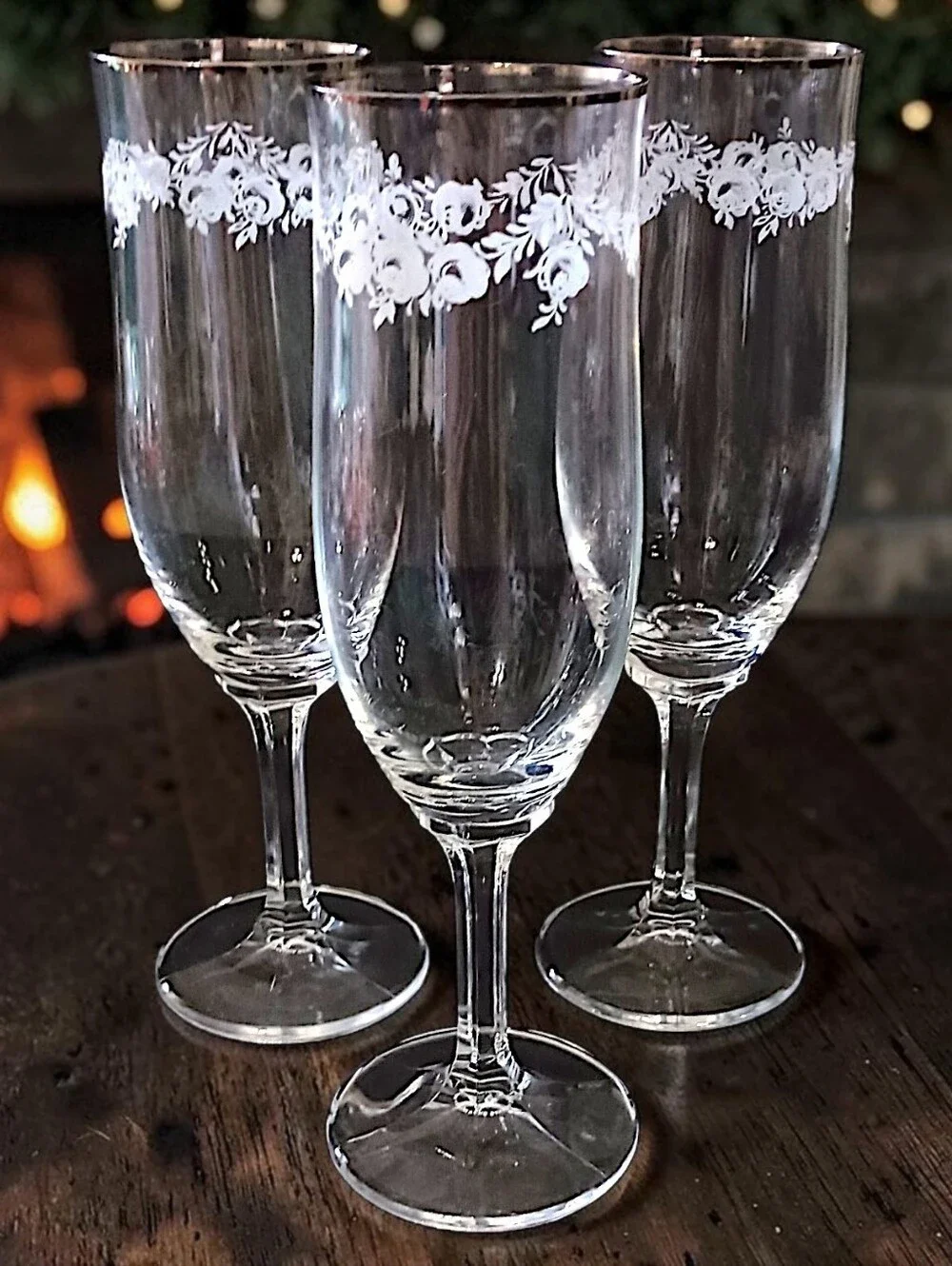 3 Johann Haviland Sweetheart Rose Champagne Flutes Crystal Vtg Floral Stemware